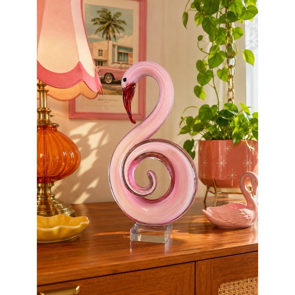 MCM Vtg PINK FLAMINGO 🦩 MURANO STYLE ART Glass Swirled Tail Statue Red Beak